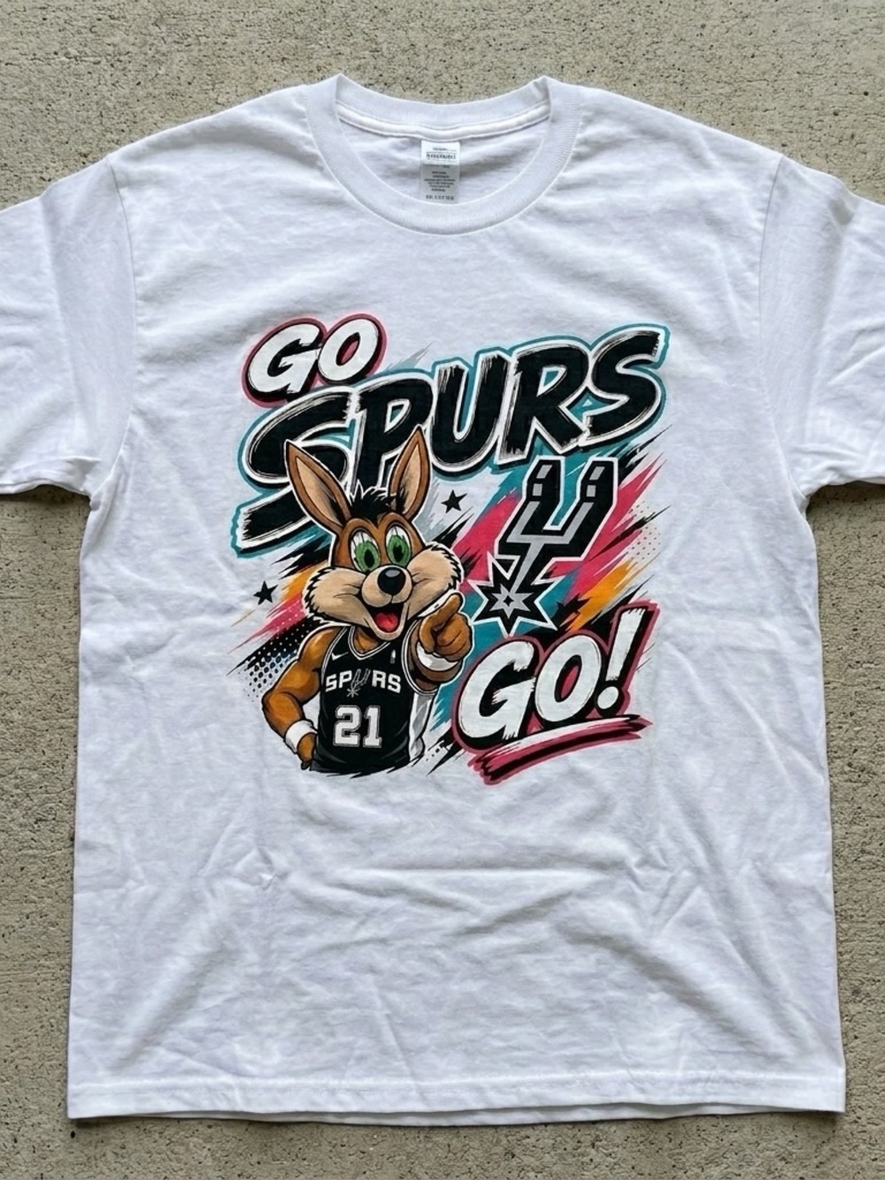 Gildan White 'Go Spurs Go' Mascot Graphic Tee with Multi-Color Print